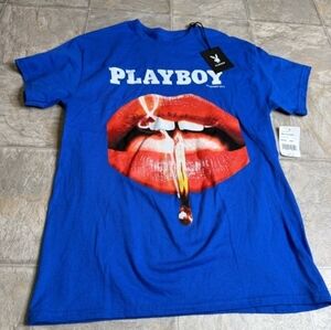 Playboy Lips Crewneck Graphic Tshirt Mens Size Medium Blue NWT